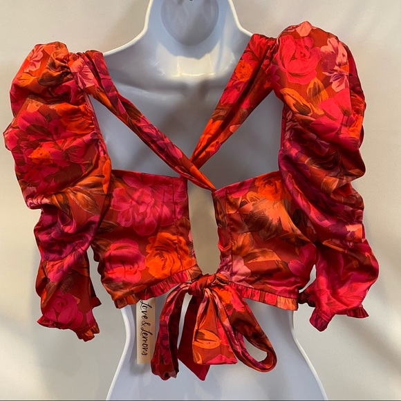 For Love & Lemons Alia cross front floral crop top in red size L NWT - Picture 6 of 13